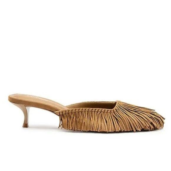 Larroudé Sienna Fringe Suede Mules Tan Kitten Heel Size 8 Handmade Brazil - Picture 12 of 12